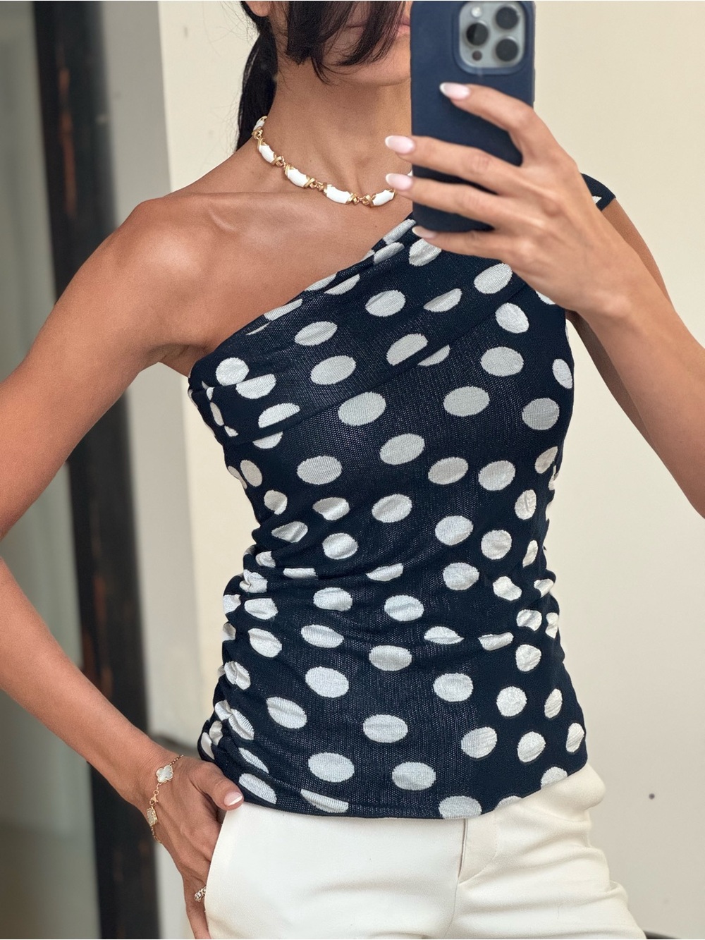 Club Monaco Black and White One-Shoulder Polka Dot Crop Top
